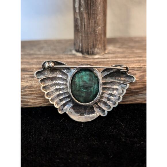 Vintage Artisan Art Deco Malachite Sterling Silver Marcasite Brooch - Picture 3 of 5